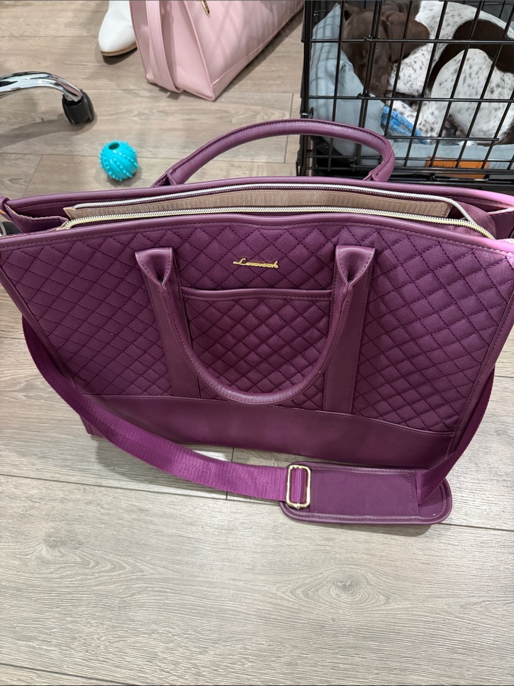 Luxe Quilted Laptop Tote in Plum with Shoulder Strap